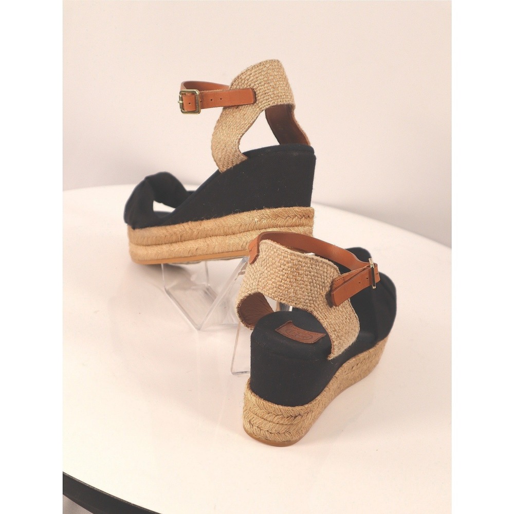 Tory Burch Knotted Bow Espadrille Wedge Sandals Black/Tan Leather Strap Size 10 - Picture 4 of 10